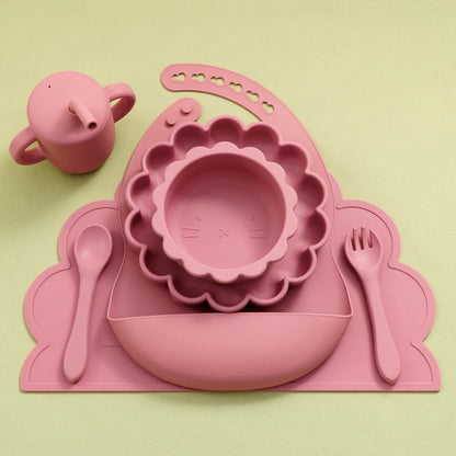 Kidslands® - Set Repas Bébé 7 pièces en Silicone – sans BPA - Set de table, Bol, Assiette, Cuillère, Fourchette, Gobelet & Bavoir Ajustable