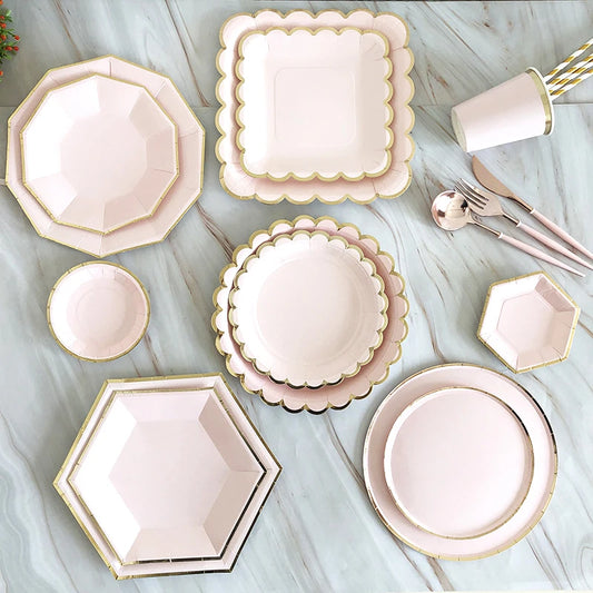 Kidslands® – Set Vaisselle Jetable Rose & Doré | Assiettes, Gobelets, Serviettes & Pailles pour Baby Shower ou Anniversaire
