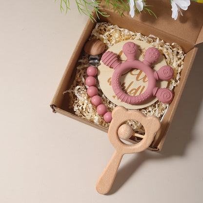 Kidslands® | Coffret Cadeau Bébé - 4 Pièces - Hochet bois ours, anneau dentition & attache-tétine