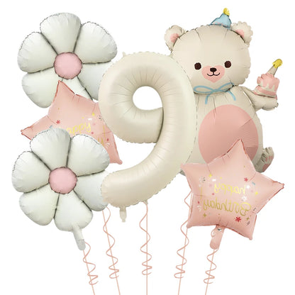 Kidslands® | Set Ballons Marguerite Chiffre & Ourson – 6pcs | Déco Anniversaire & Baby Shower