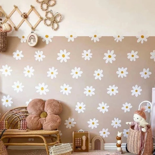 Kidslands® | 26 Stickers Muraux Fleurs Marguerite Bohème Blanc & Marron – Déco Chambre Bébé Enfant