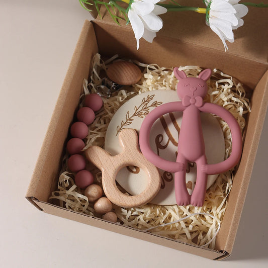 Kidslands® | Coffret Cadeau Bébé – Hochet, anneau dentition, attache-tétine silicone & bois