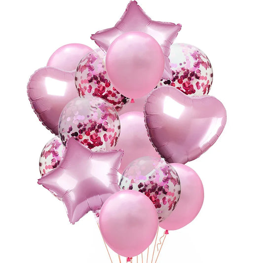 Kidslands® – Lot de 14 Ballons Confettis Rose / Bleu | Cœurs & Étoiles pour Baby Shower & Gender Reveal