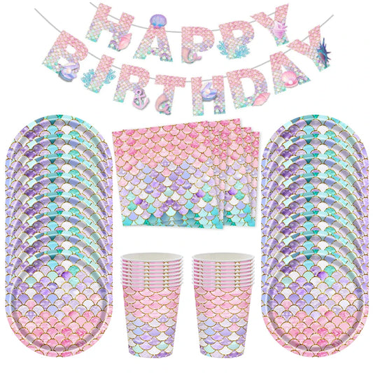 Kidslands® | Kit Vaisselle Jetable Sirène – Thème Océan Assiettes, Gobelets, Serviettes & Décorations