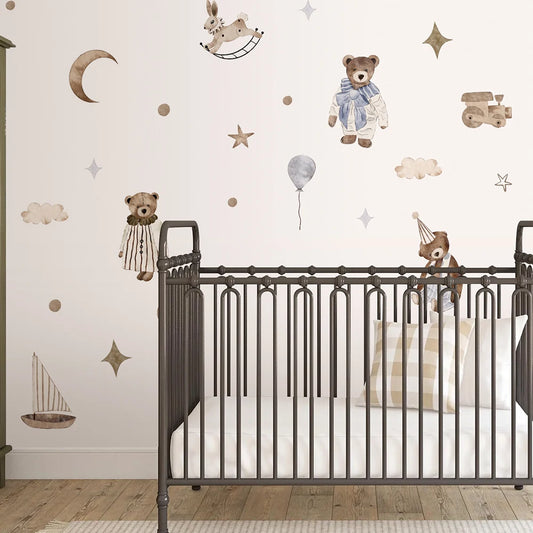 Kidslands® | Stickers Muraux Bohème Vintage Ourson & Bateau – Déco Chambre Bébé Enfant
