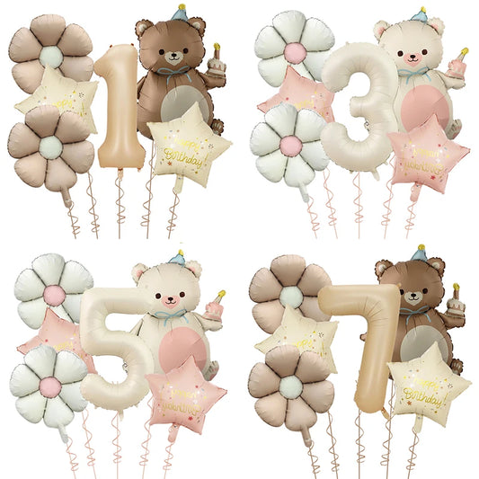 Kidslands® | Set Ballons Marguerite Chiffre & Ourson – 6pcs | Déco Anniversaire & Baby Shower
