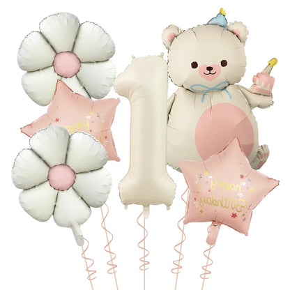 Kidslands® | Set Ballons Marguerite Chiffre & Ourson – 6pcs | Déco Anniversaire & Baby Shower
