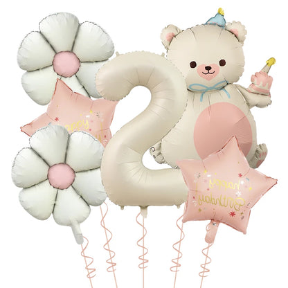 Kidslands® | Set Ballons Marguerite Chiffre & Ourson – 6pcs | Déco Anniversaire & Baby Shower