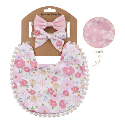 Kidslands® | Lot de 1 Bavoir Réversible Bandana Bébé - Motifs Fleuris + 2 Bandeaux Cheveux Assortis