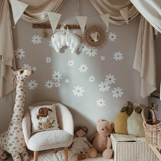 Kidslands® | 26 Stickers Muraux Fleurs Marguerite Bohème Blanc & Marron – Déco Chambre Bébé Enfant