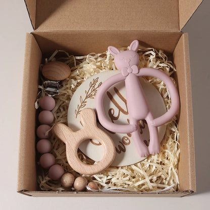 Kidslands® | Coffret Cadeau Bébé – Hochet, anneau dentition, attache-tétine silicone & bois