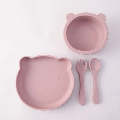 Kidslands® | Coffret repas bébé 4 pièces en silicone – Bol ventouse, assiette, cuillère & fourchette