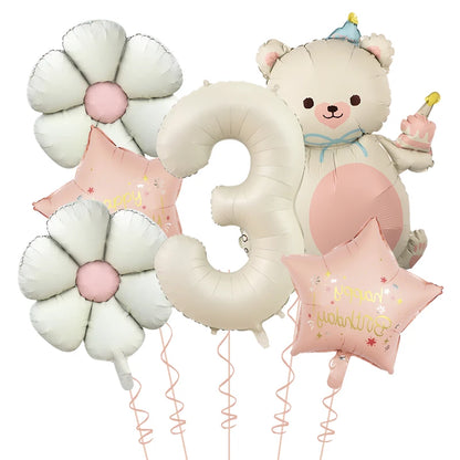 Kidslands® | Set Ballons Marguerite Chiffre & Ourson – 6pcs | Déco Anniversaire & Baby Shower