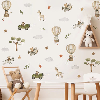 Kidslands® | Stickers Muraux ludique Aquarelle avec Montgolfière, Avion, Animaux & Arbres – Déco Murale Enfant & Bébé