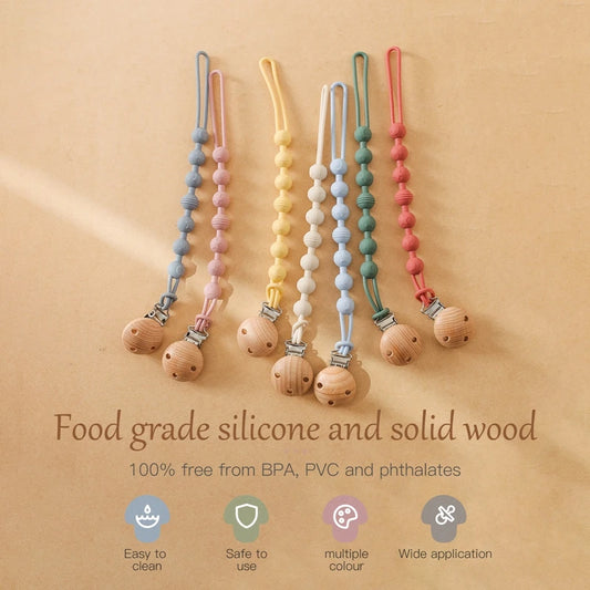 Kidslands® | Attache-tétine bois et perles de dentition – Clip sucette en bois de hêtre