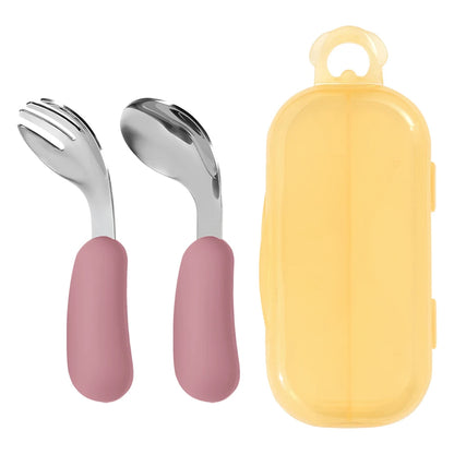 Kidslands® | Set Couverts Bébé Silicone & Inox – Cuillère + Fourchette Apprentissage Ergonomique