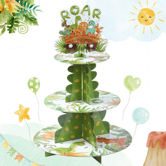 Kidslands® - Présentoir à Cupcakes Dinosaure & Accessoires Anniversaire Thème Dino : Box Bonbons, Décorations