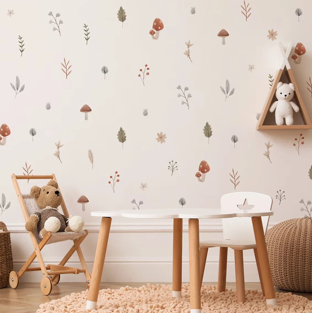 Kidslands® | Stickers Muraux Bohème Champignons & Feuilles – Déco Nature DIY Chambre Enfant